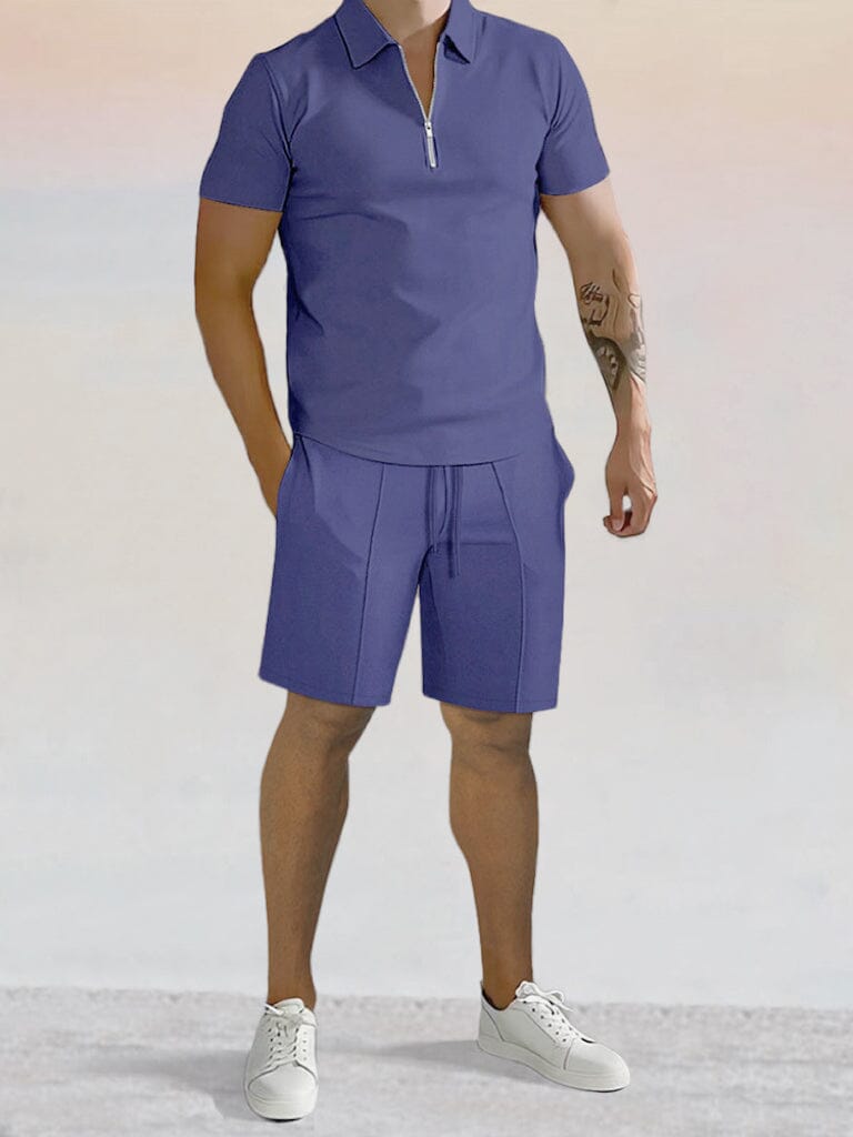 Casual Solid Color Polo Shirt Sets Sets coofandystore Navy Blue S