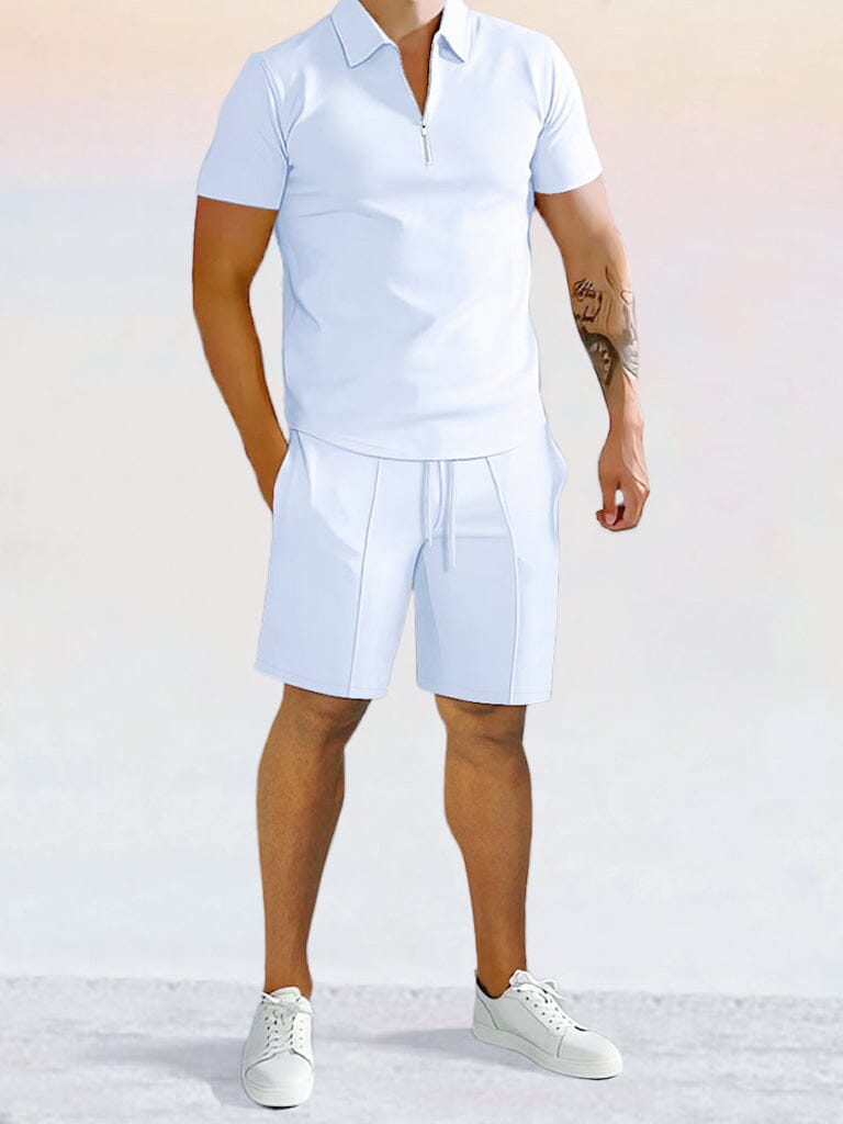 Casual Solid Color Polo Shirt Sets Sets coofandystore White S