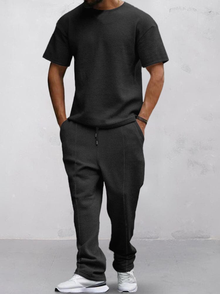 Casual Waffle T-shirt Set Sets coofandystore Black M