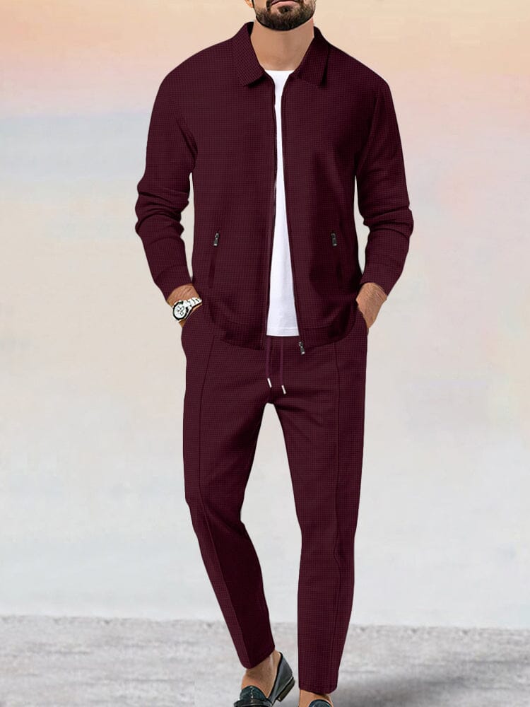 Athleisure Soft Waffle Jacket Set Sets coofandy Wine Red S
