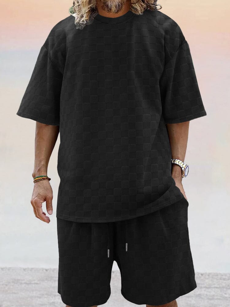 Athleisure Plaid T-shirt Set Sets coofandy Black S