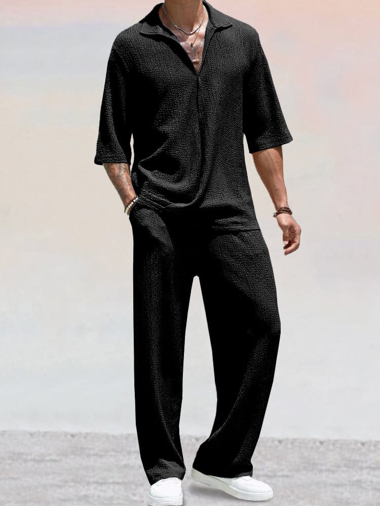 Casual Water Ripple Textured Shirt Set Sets coofandy Black M