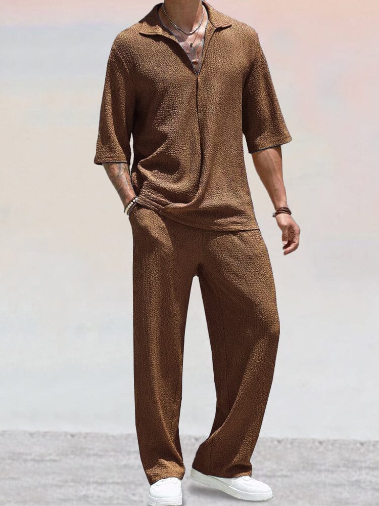 Casual Water Ripple Textured Shirt Set Sets coofandy Brown M