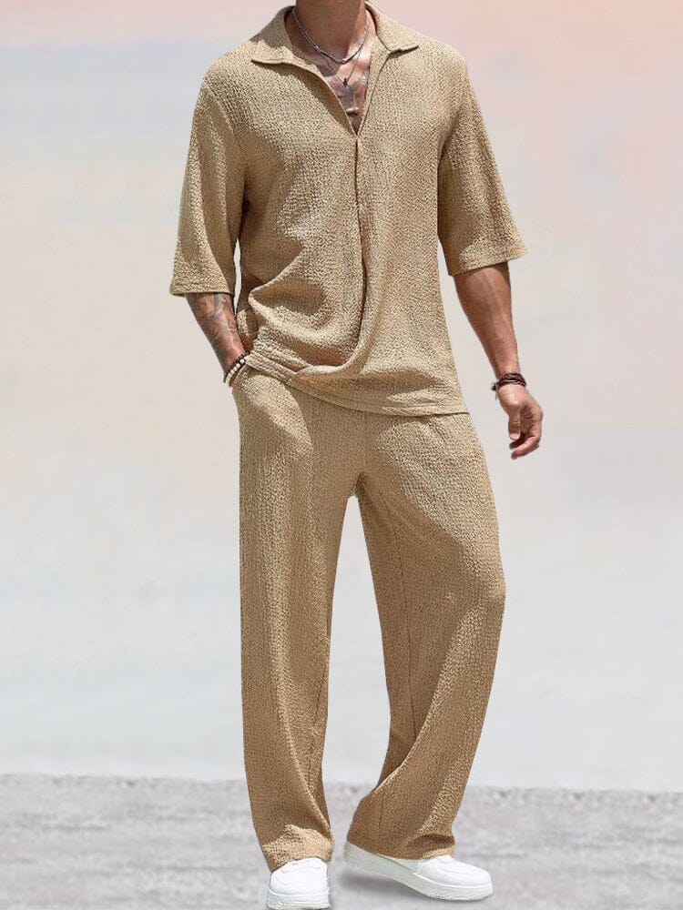 Casual Water Ripple Textured Shirt Set Sets coofandy Khaki M
