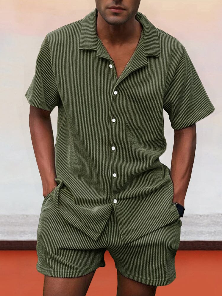 Casual Corduroy Shirt Shorts Set Sets coofandy Army Green S