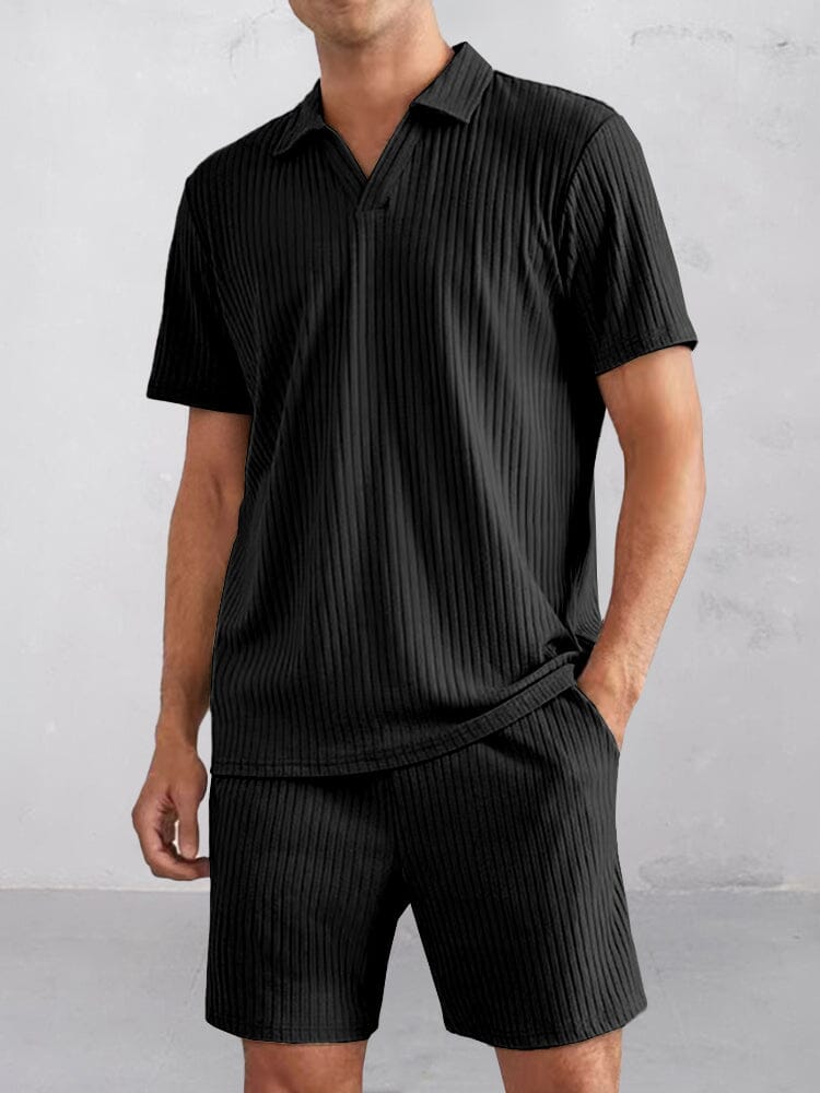 Casual Striped Textured Polo Shirt Set Sets coofandy Black S