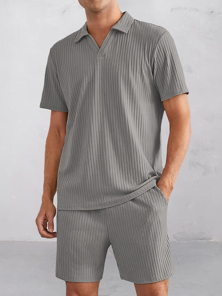 Casual Striped Textured Polo Shirt Set Sets coofandy Grey S