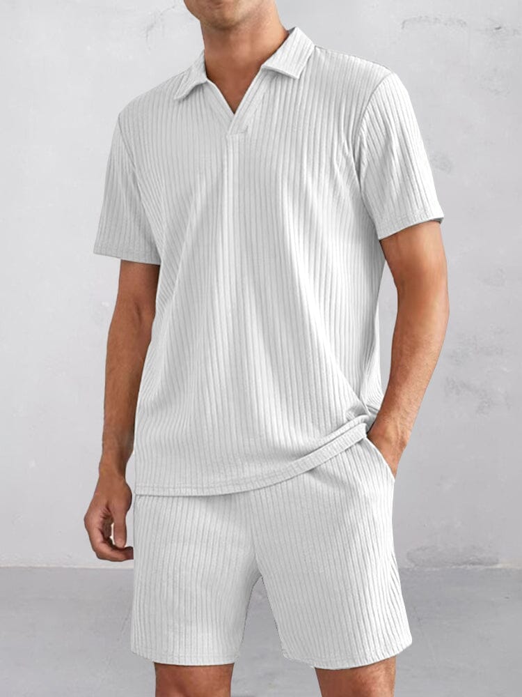 Casual Striped Textured Polo Shirt Set Sets coofandy White S