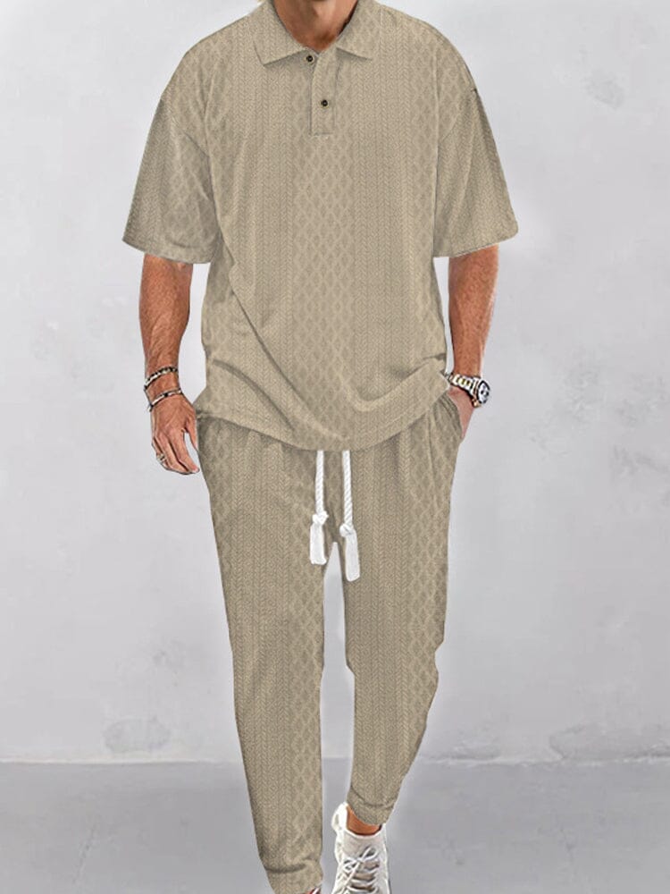 Casual Jacquard Knit Polo Shirt Set Sets coofandy Khaki S