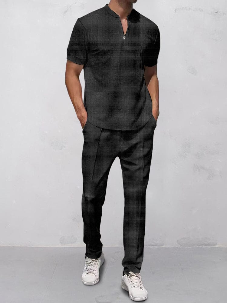 Casual Waffle 2-Piece Outfits Sets coofandy Black S