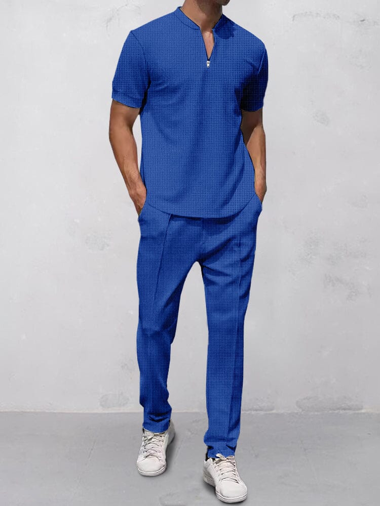 Casual Waffle 2-Piece Outfits Sets coofandy Blue S