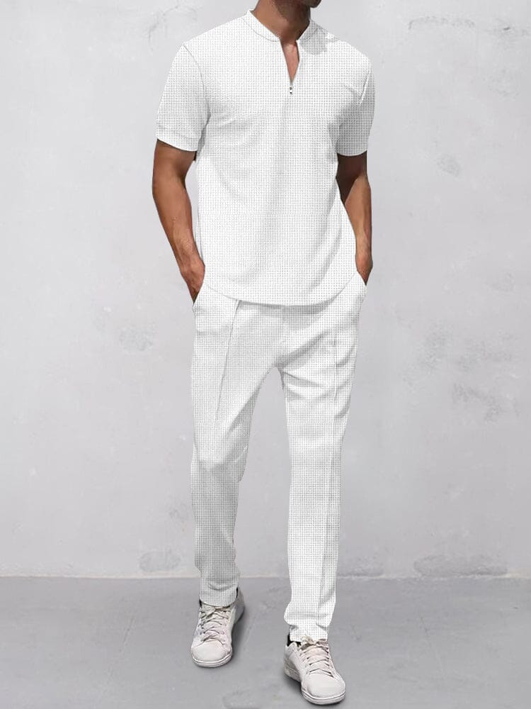 Casual Waffle 2-Piece Outfits Sets coofandy White M
