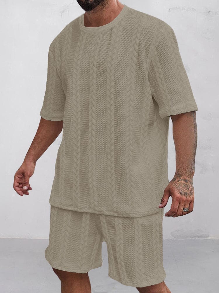 Casual Jacquard T-shirt Shorts Set Sets coofandy Khaki S