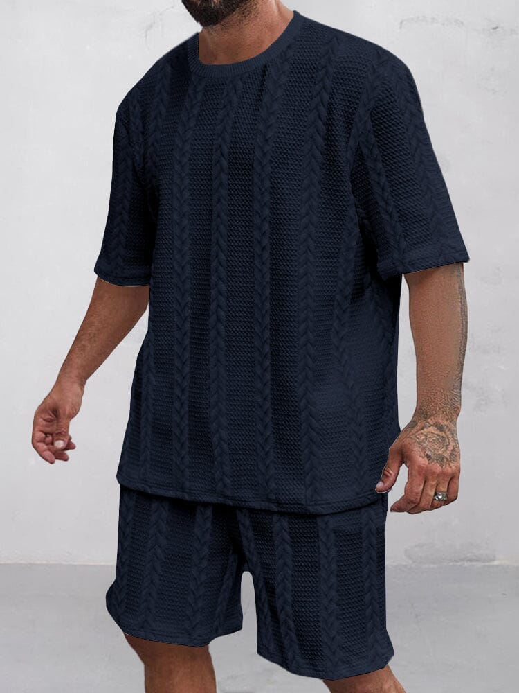 Casual Jacquard T-shirt Shorts Set Sets coofandy Navy Blue S