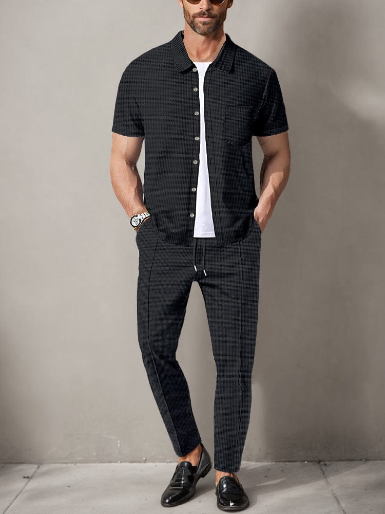Classic Waffle Shirt Pants Set Sets coofandy Black S