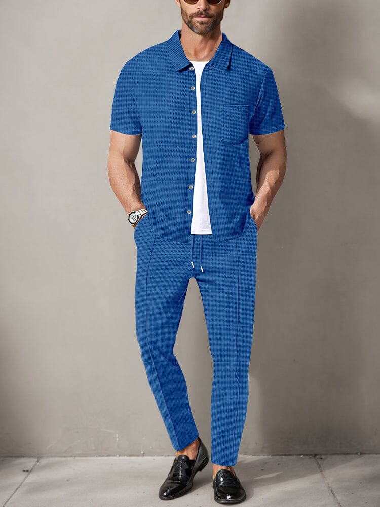 Classic Waffle Shirt Pants Set Sets coofandy Blue S