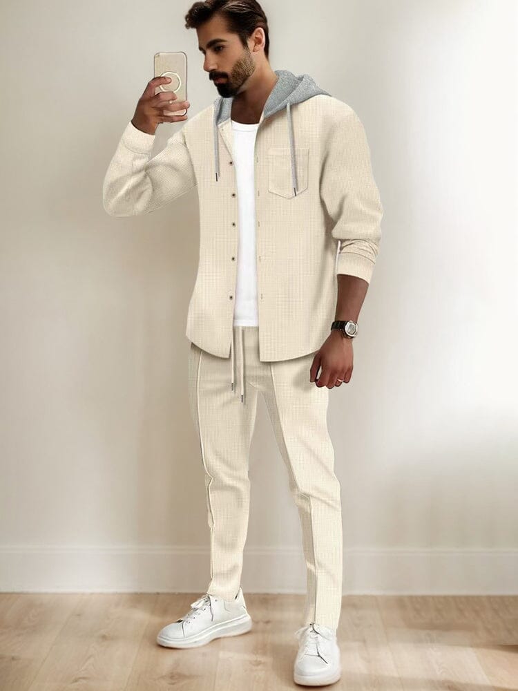 Athleisure Waffle Hooded Jacket Set Sports Set coofandy Beige S