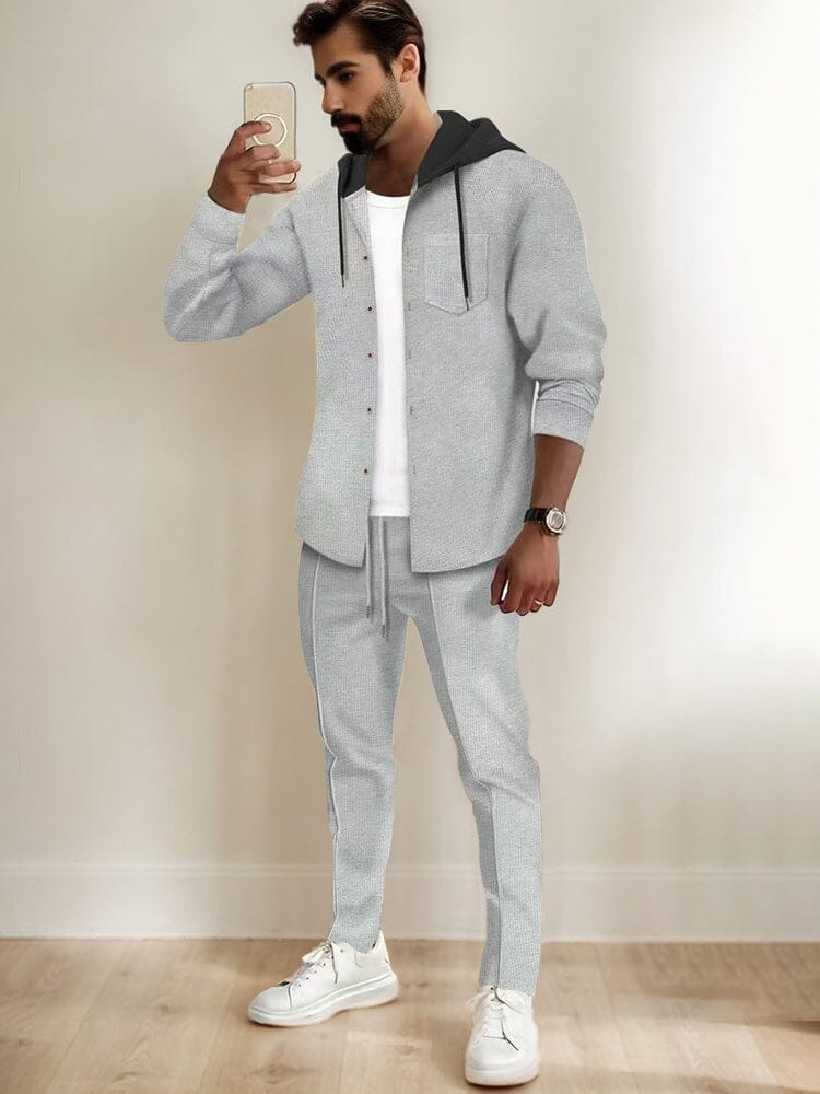 Athleisure Waffle Hooded Jacket Set Sports Set coofandy Gray S