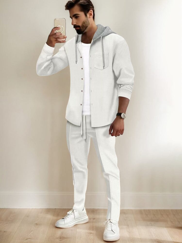 Athleisure Waffle Hooded Jacket Set Sports Set coofandy White S