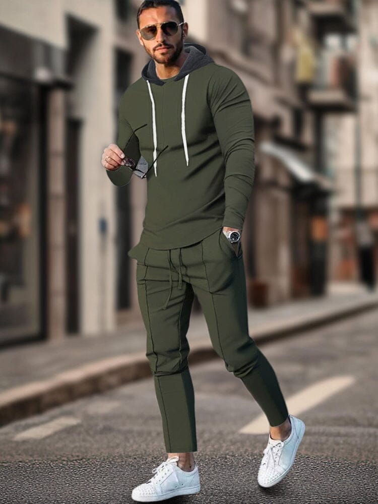 Athleisure Regular Fit 2-Piece Outfits Sports Set coofandy Army Green S