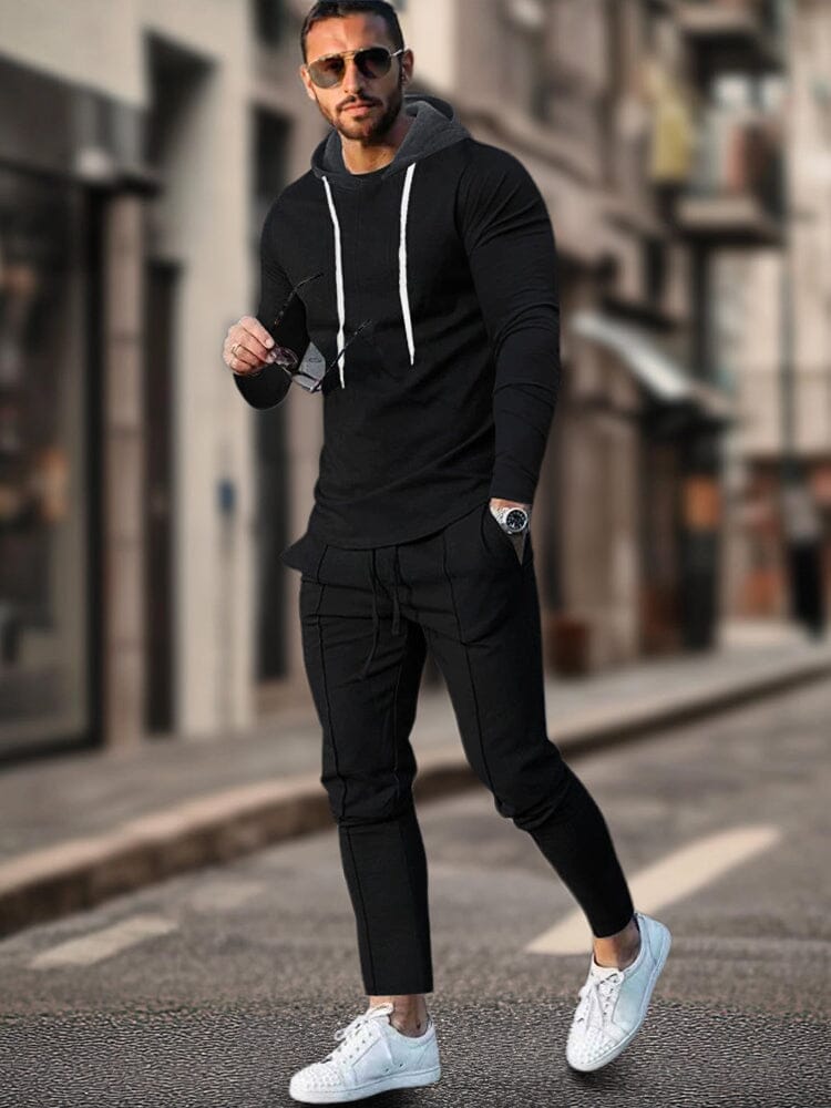 Athleisure Regular Fit 2-Piece Outfits Sports Set coofandy Black S