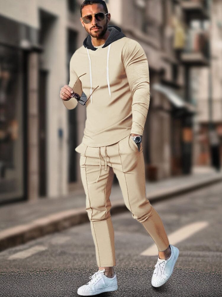 Athleisure Regular Fit 2-Piece Outfits Sports Set coofandy Khaki S