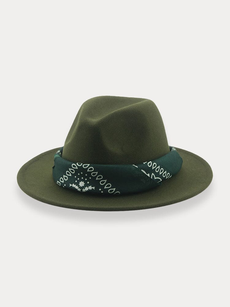 Flat Brim Fedora Hat with Kirchief Hat coofandy Army Green F(56-58)
