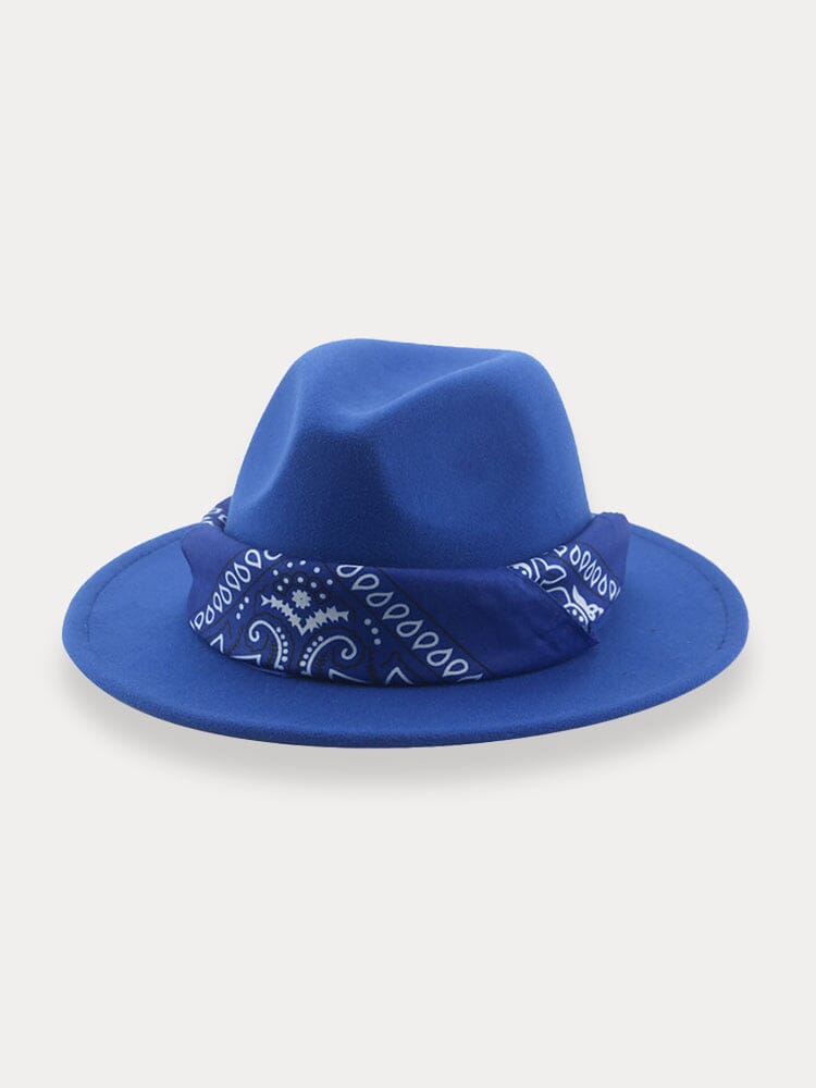 Flat Brim Fedora Hat with Kirchief Hat coofandy Blue F(56-58)