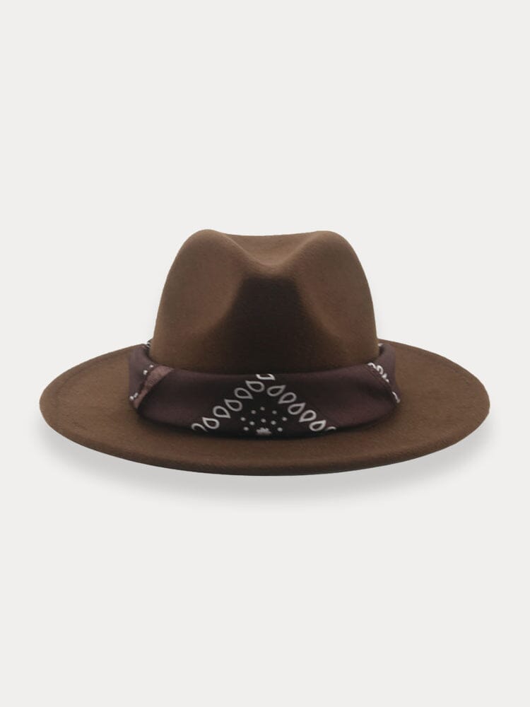 Flat Brim Fedora Hat with Kirchief Hat coofandy Brown F(56-58)
