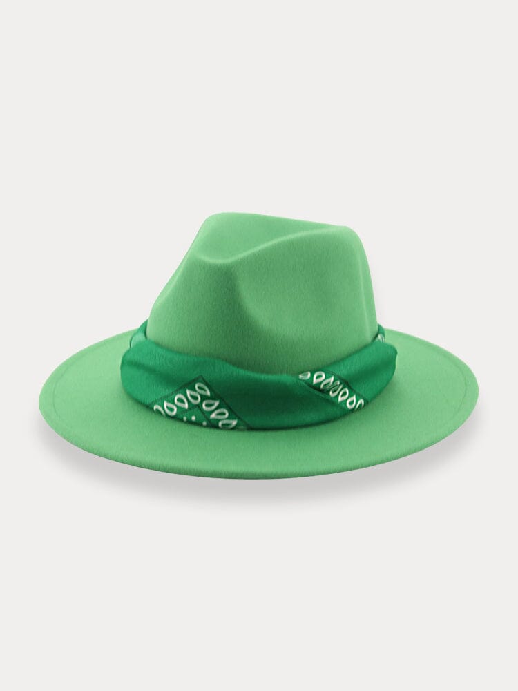 Flat Brim Fedora Hat with Kirchief Hat coofandy Green F(56-58)