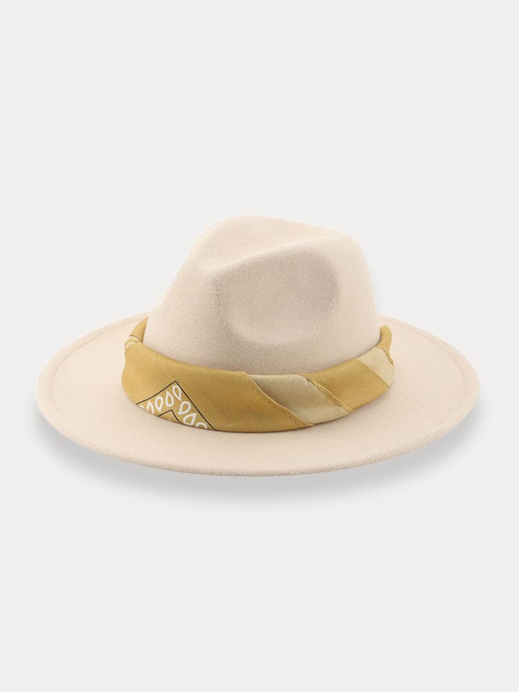 Flat Brim Fedora Hat with Kirchief Hat coofandy Beige F(56-58)