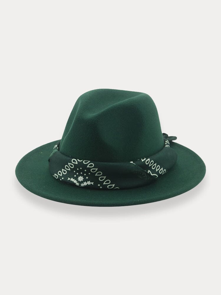 Flat Brim Fedora Hat with Kirchief Hat coofandy Dark Green F(56-58)