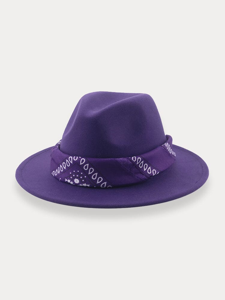 Flat Brim Fedora Hat with Kirchief Hat coofandy Purple F(56-58)