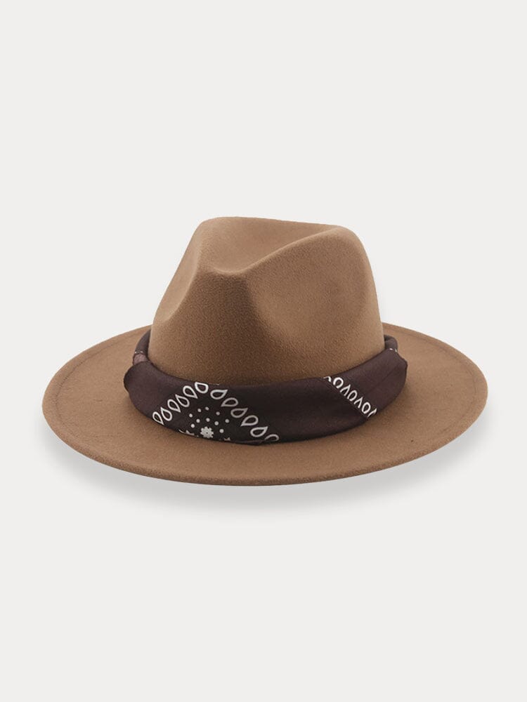 Flat Brim Fedora Hat with Kirchief Hat coofandy Khaki F(56-58)