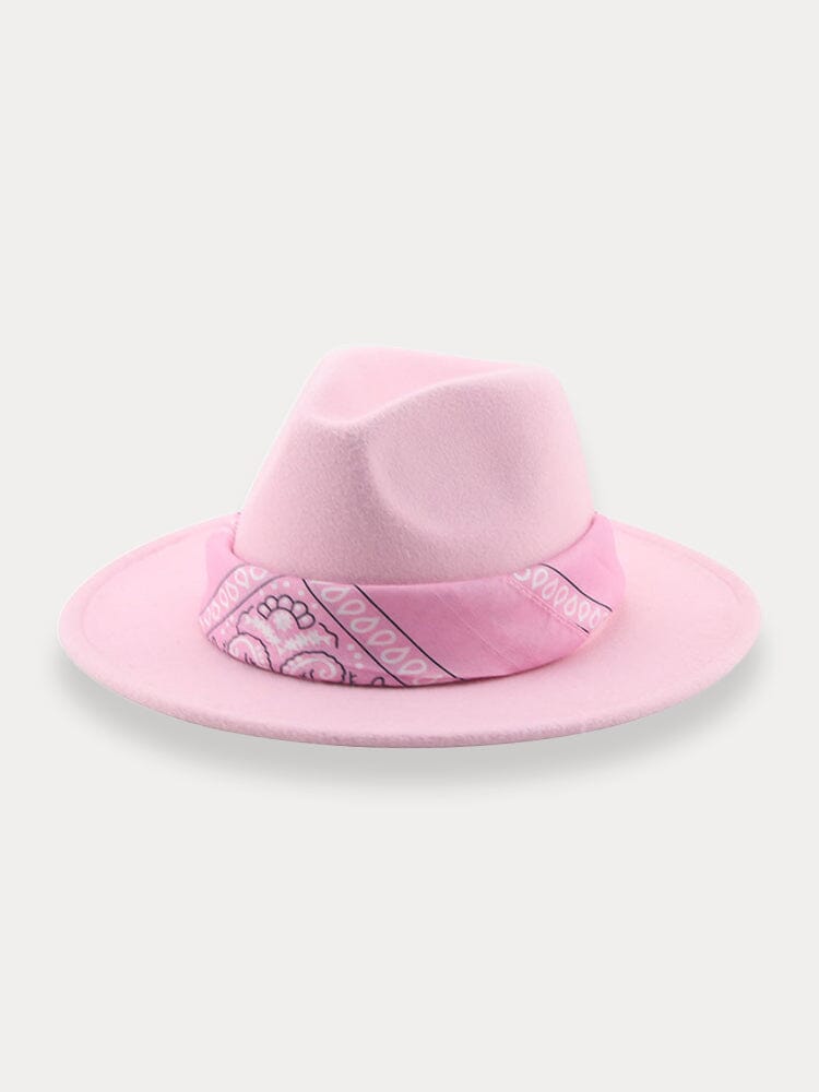 Flat Brim Fedora Hat with Kirchief Hat coofandy Light Pink F(56-58)