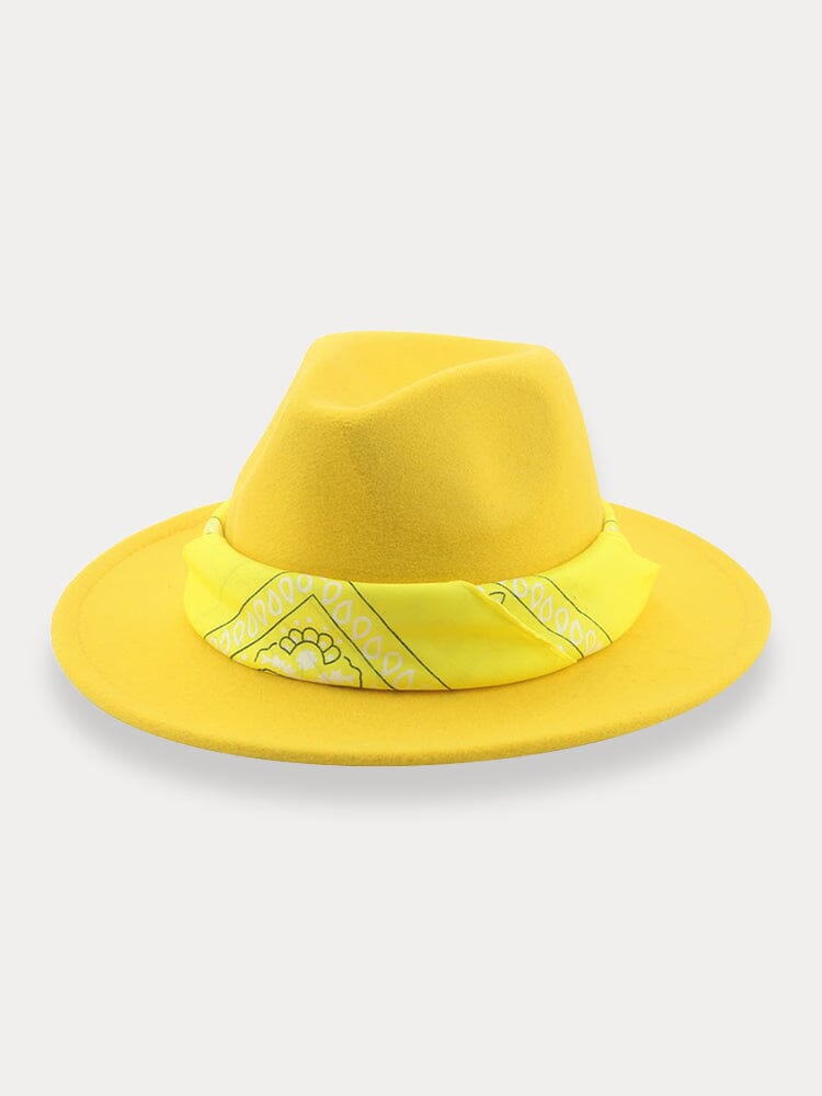 Flat Brim Fedora Hat with Kirchief Hat coofandy Yellow F(56-58)