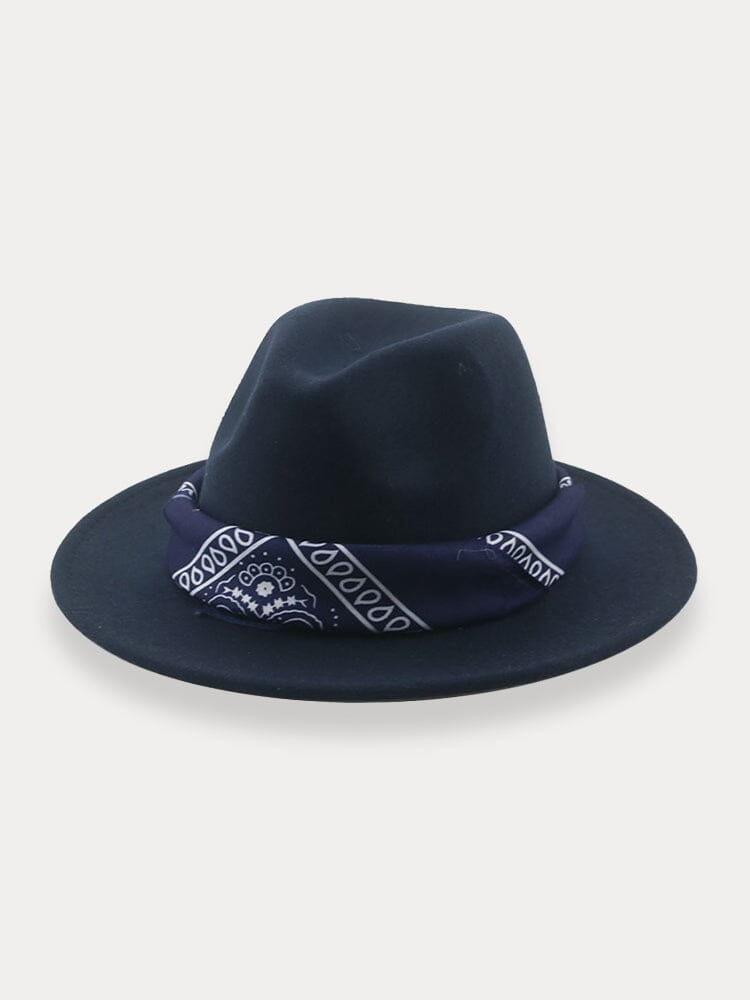 Flat Brim Fedora Hat with Kirchief Hat coofandy Navy Blue F(56-58)