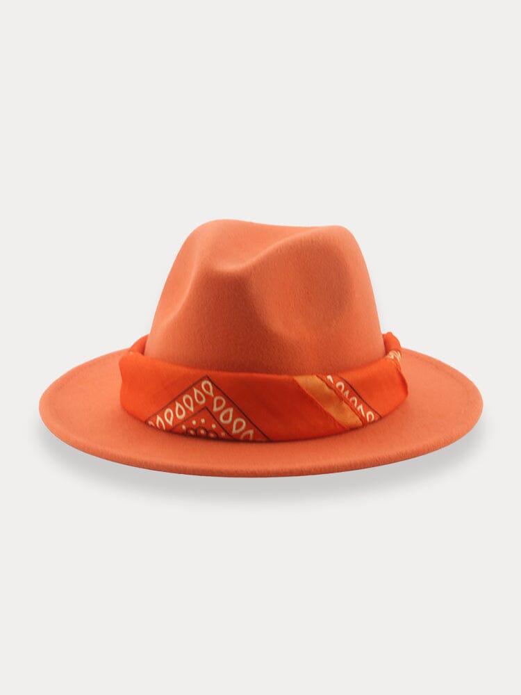 Flat Brim Fedora Hat with Kirchief Hat coofandy Orange F(56-58)