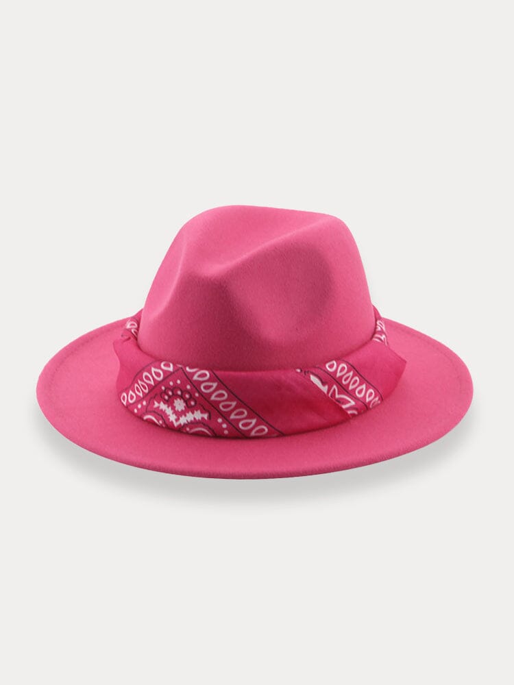 Flat Brim Fedora Hat with Kirchief Hat coofandy Rose Red F(56-58)