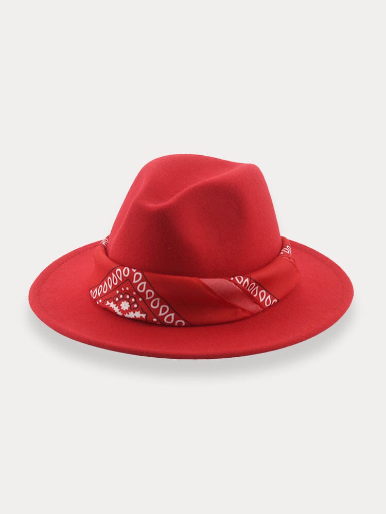 Flat Brim Fedora Hat with Kirchief Hat coofandy Red F(56-58)