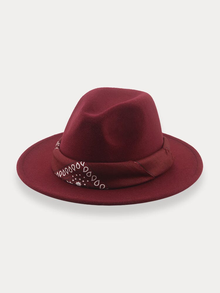 Flat Brim Fedora Hat with Kirchief Hat coofandy Wine Red F(56-58)