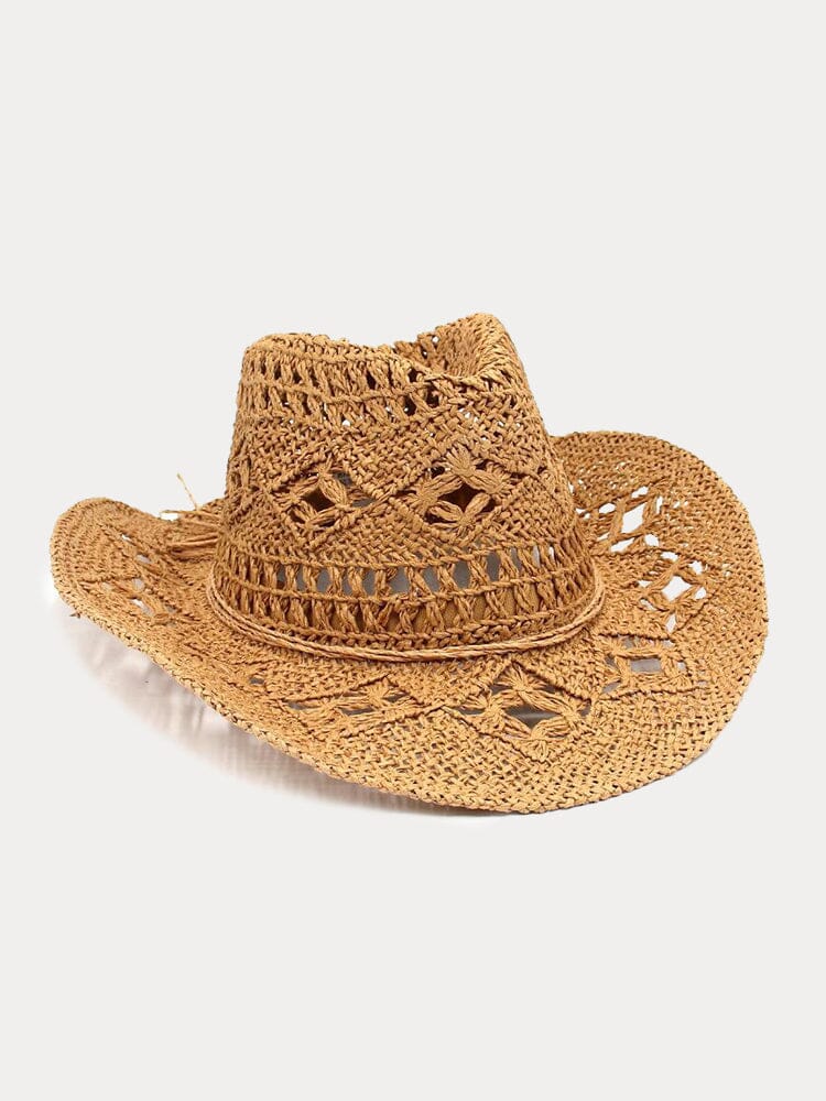 Breathable Hollow Woven Straw Hat Hat coofandy Khaki F(56-58)