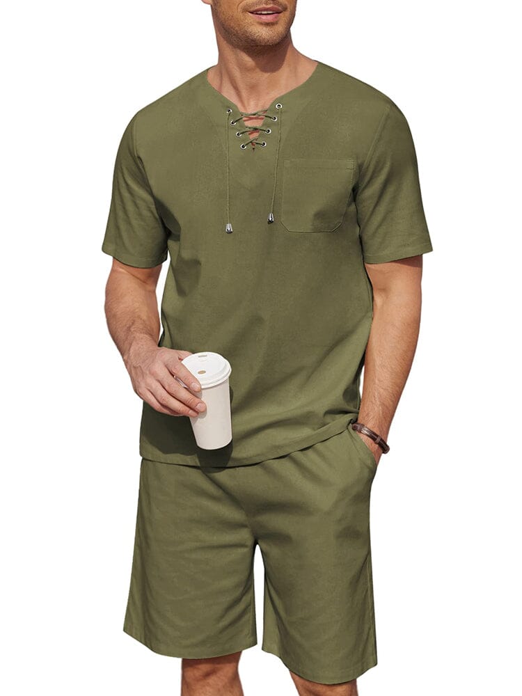 Casual Cotton Linen Lace Up Shirt Set (US Only) Sets coofandy Army Green S