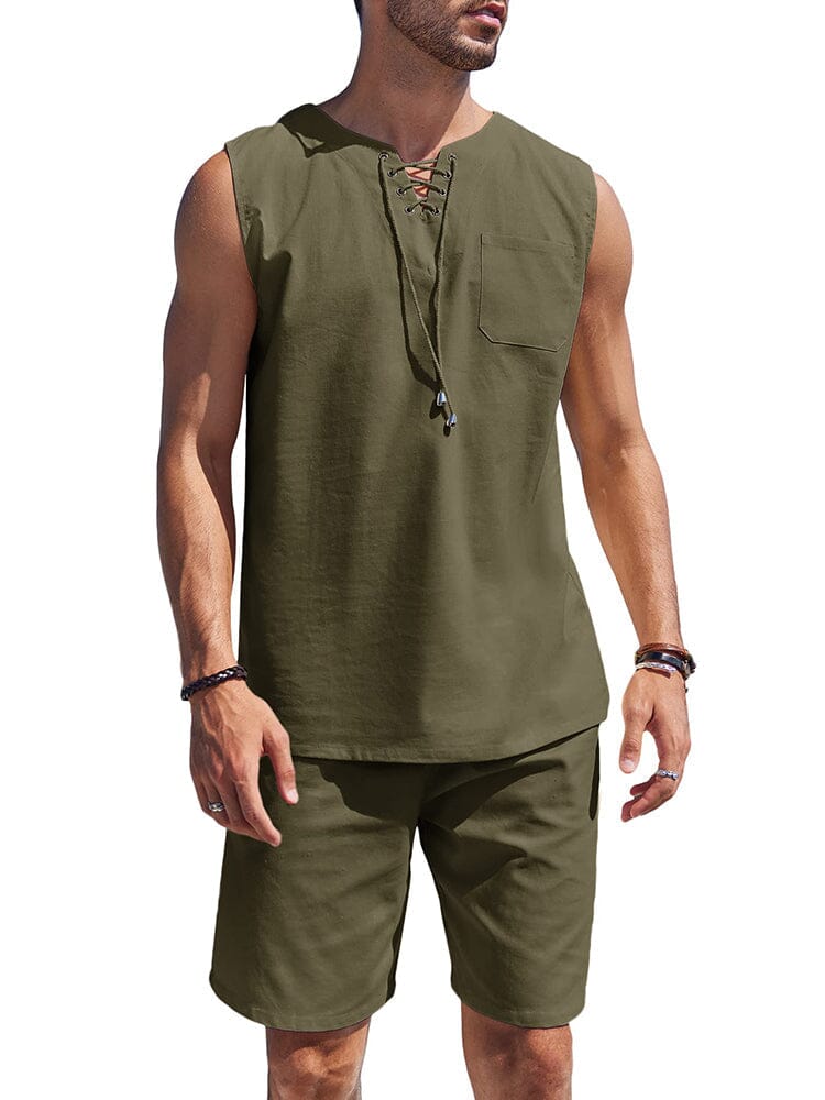 Casual 2 Piece Linen Drawstring Tank Top Sets (US Only) Sets coofandy Army Green S