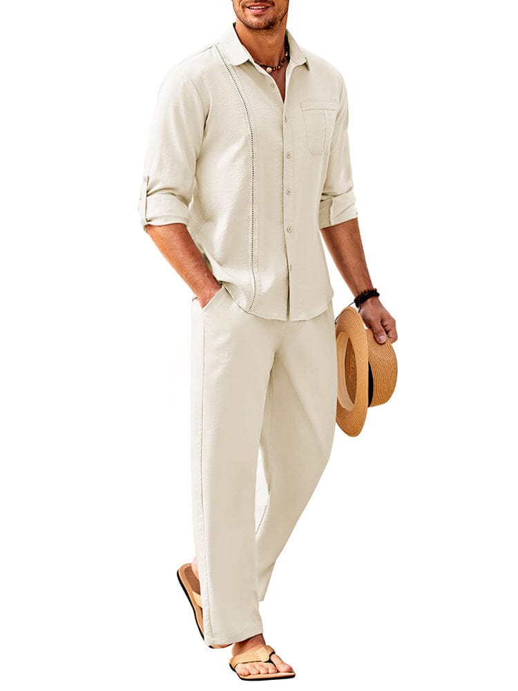 2 Piece Linen Style Long Sleeve Beach Vacation Outfits (US Only) Sets Coofandy's Beige M