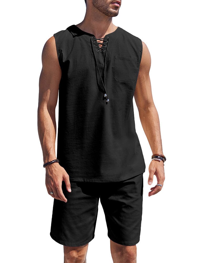 Casual 2 Piece Linen Drawstring Tank Top Sets (US Only) Sets coofandy Black S