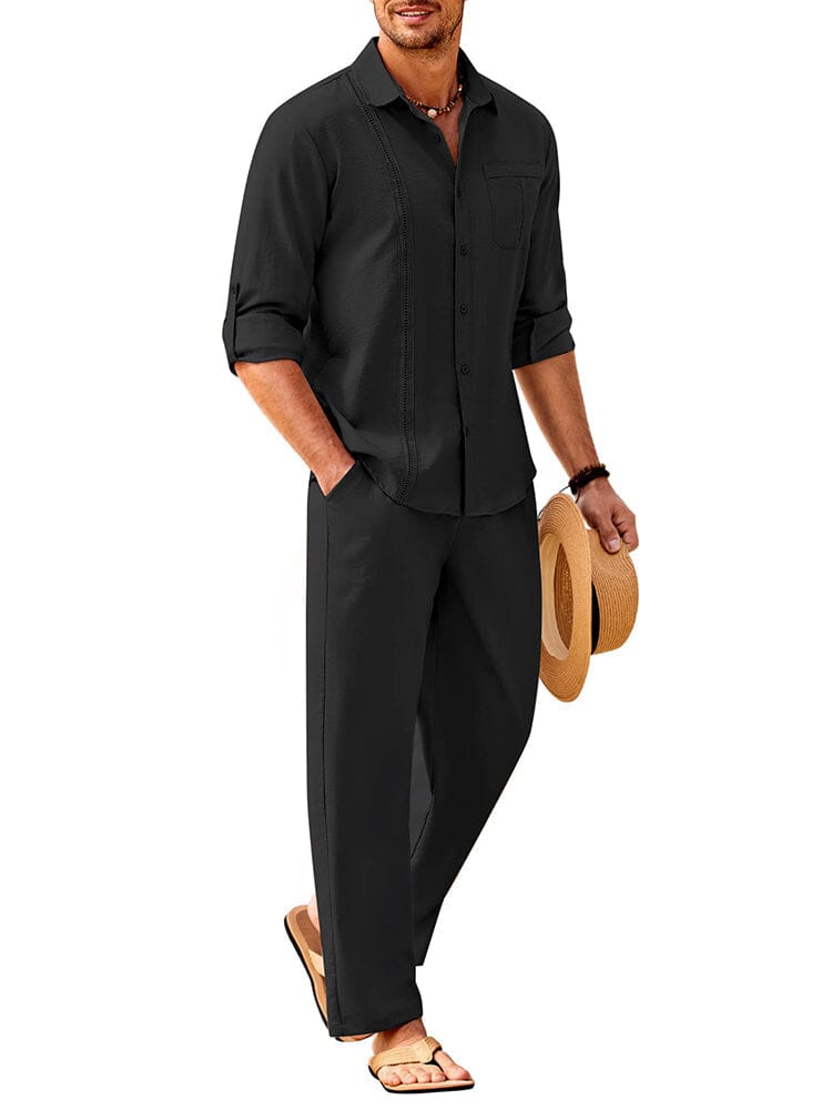 2 Piece Linen Style Long Sleeve Beach Vacation Outfits (US Only) Sets Coofandy's Black M