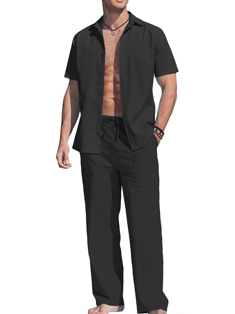 Casual Solid Holiday Linen Set (US Only) Sets coofandy Black S