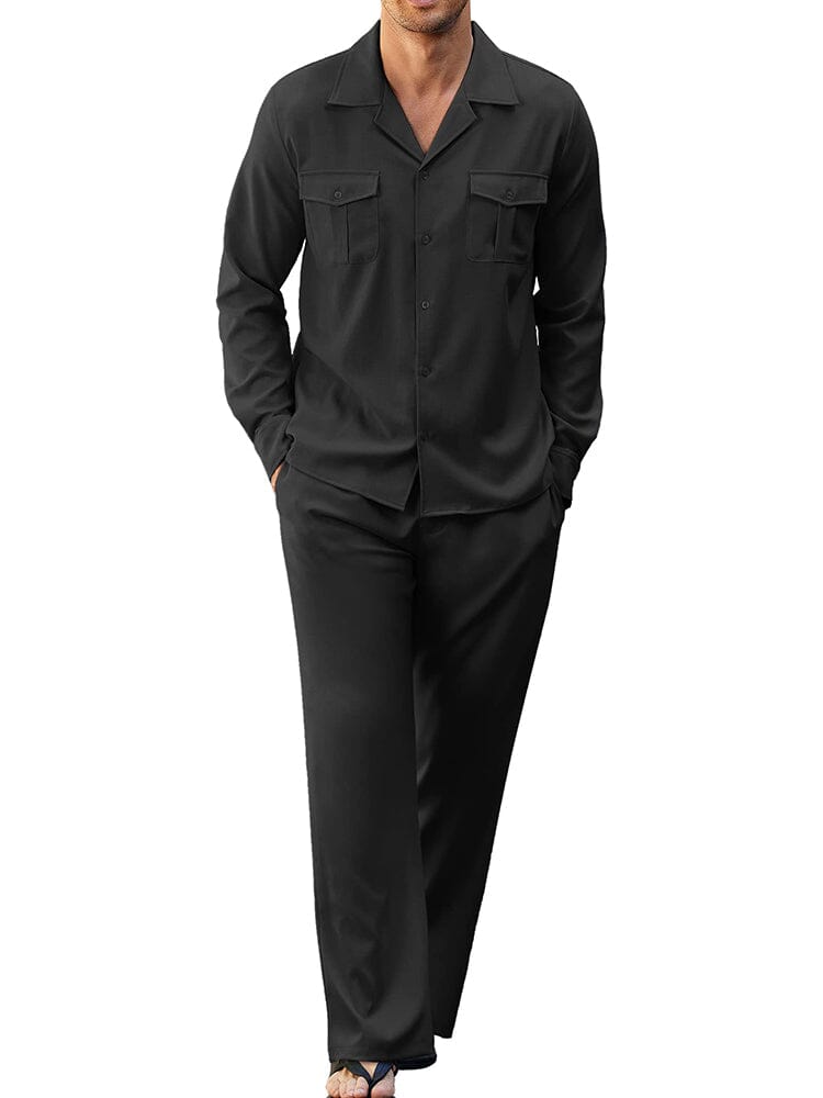 2-Piece Cozy Button Down Cotton Linen Sets (US Only) Sets COOFANDY Store Black S