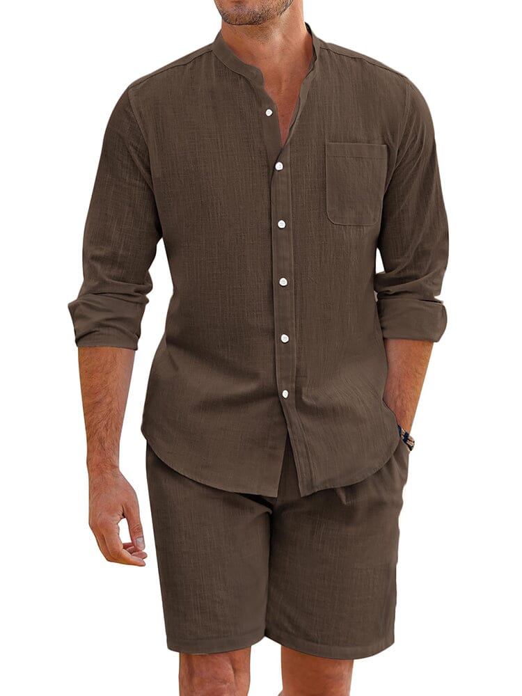 Casual 100% Cotton Beach Shirt Sets (US Only) Beach Sets coofandy Brown S